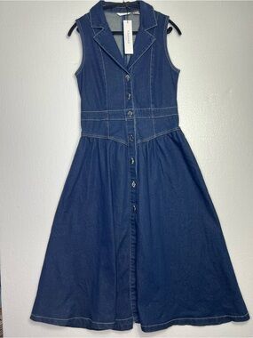 VIGOSS Women’s Size S Dark Wash Denim Midi Dress Button Front Sleeveless Fit & F